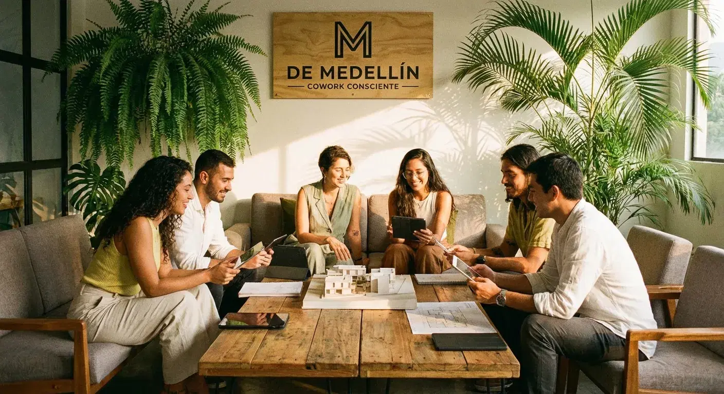 Equipo inmobiliario revisando maquetas en Medellín