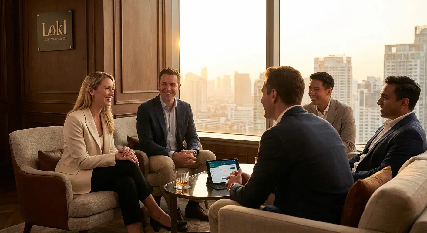 Inversores conversando en lounge con atardecer de fondo