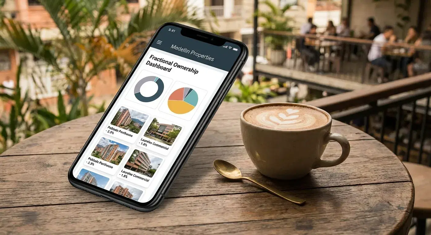 Smartphone mostrando un dashboard de inversión en un café en Medellín