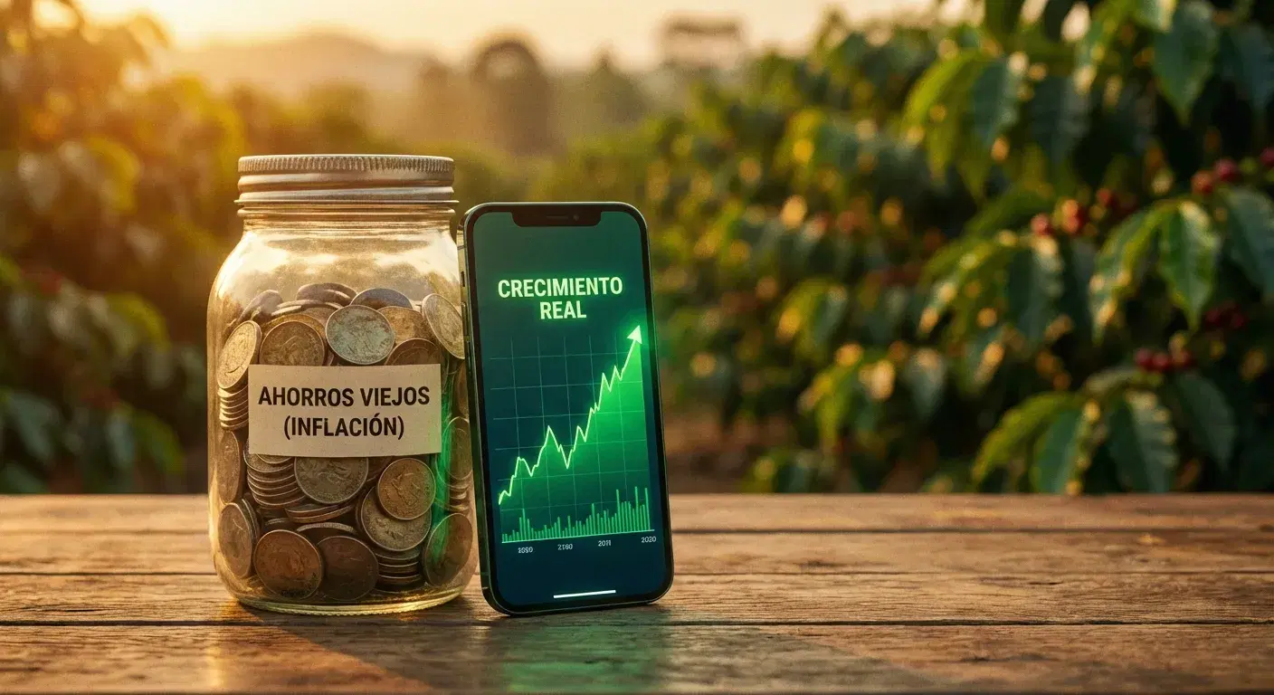 Contraste visual entre una alcancía de monedas clásica y un celular con gráficas verdes de inversión