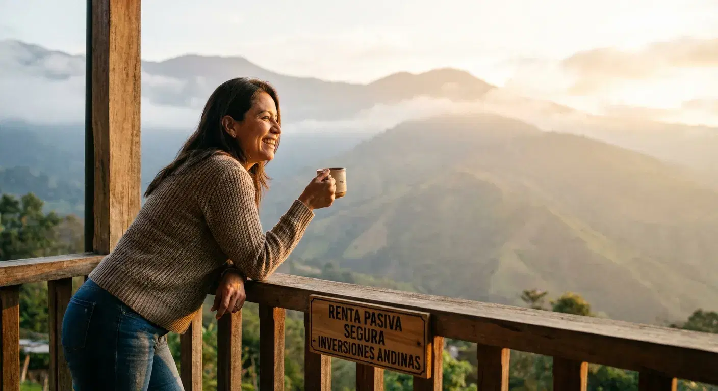 Mujer tranquila tomando café en un balcón mirando a las montañas