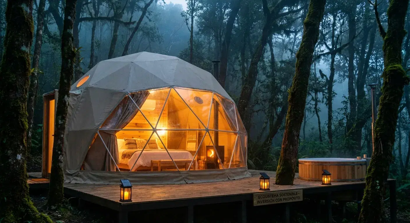Glamping de lujo cálidamente iluminado por la noche en medio de la naturaleza colombiana