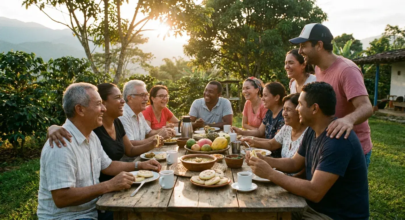 Grupo diverso de personas compartiendo sonrisas alrededor de una mesa rústica con comida local