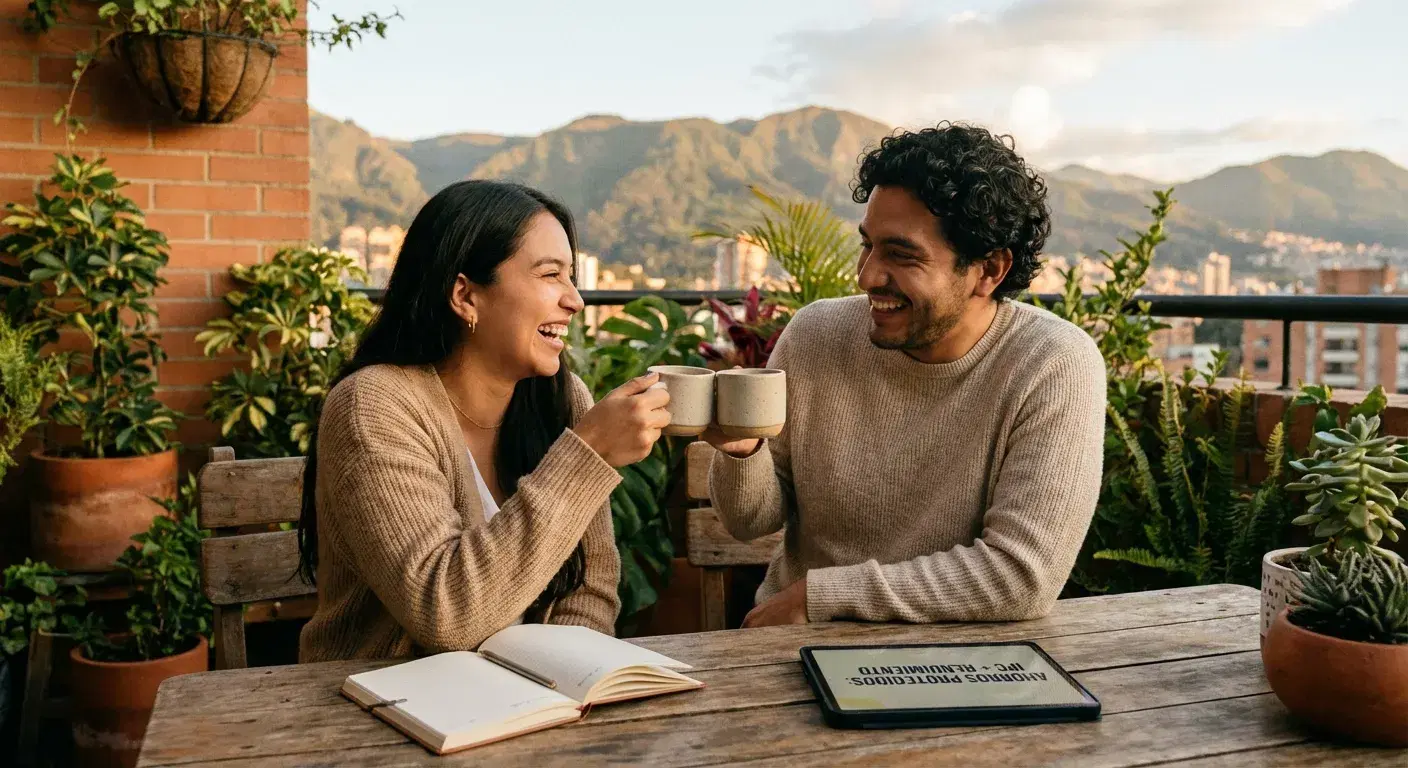 Pareja colombiana brindando felices en balcón al atardecer