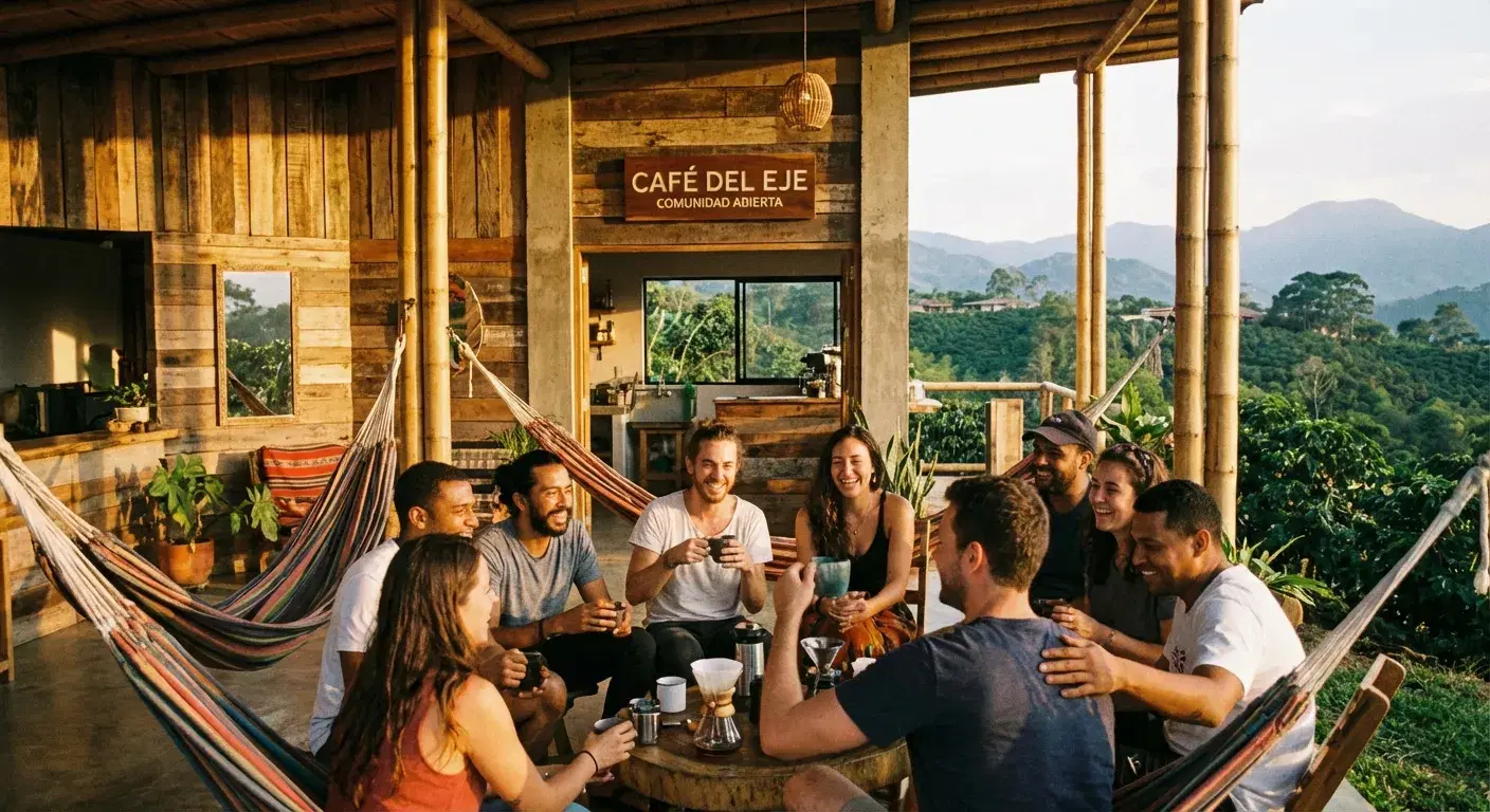 Grupo multicultural interactuando felizmente en un área común de coliving rural