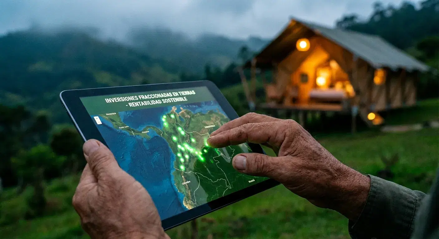 Manos usando app de inversión fraccionada con glamping iluminado de fondo en la naturaleza