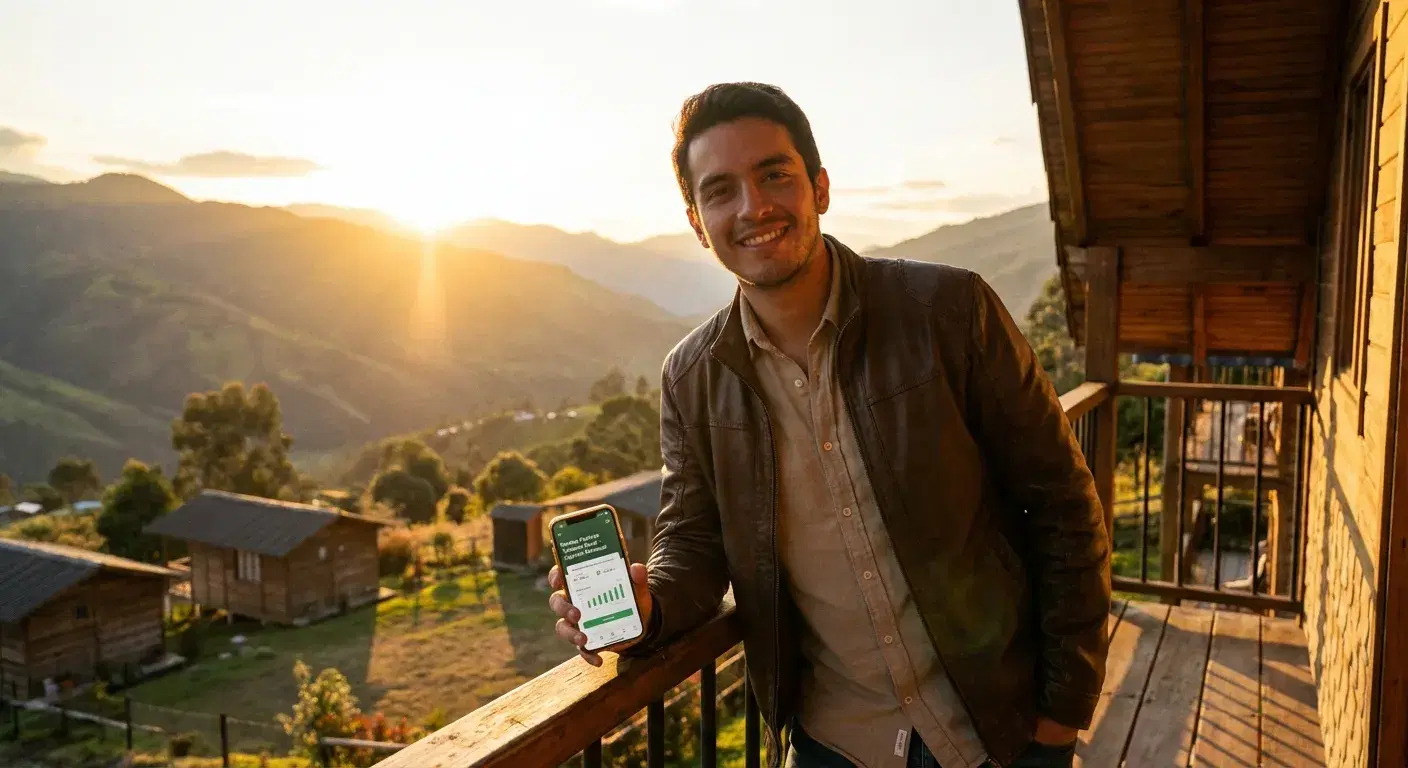 Joven inversor tranquilo en balcón al atardecer viendo montañas