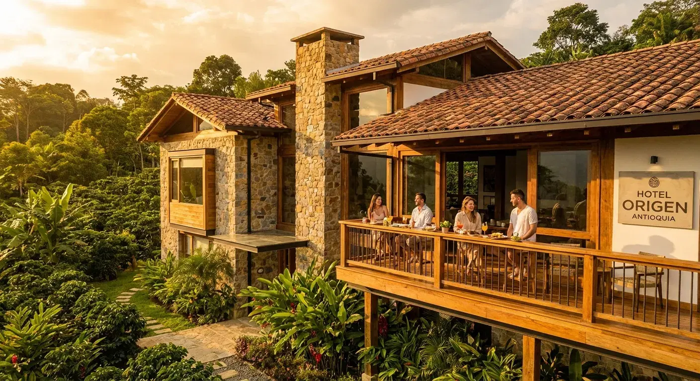 Fachada de un hotel boutique rural en Antioquia, rodeado de cafetales y vegetación tropical