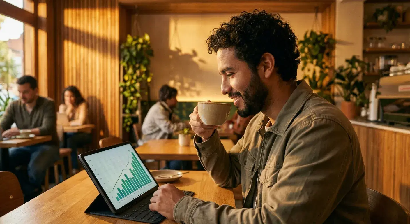Joven revisando gráficas de crecimiento financiero en su tablet