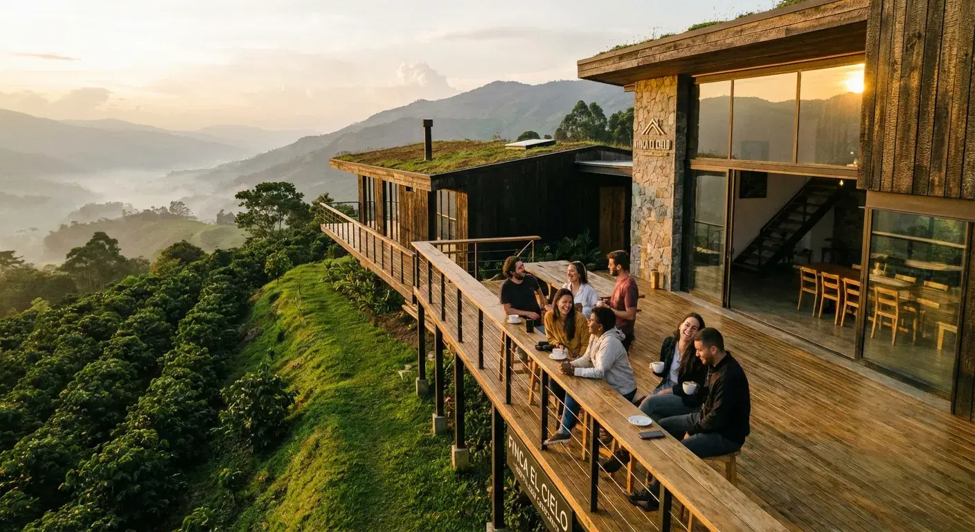 Terraza ecoturística de madera en montañas colombianas