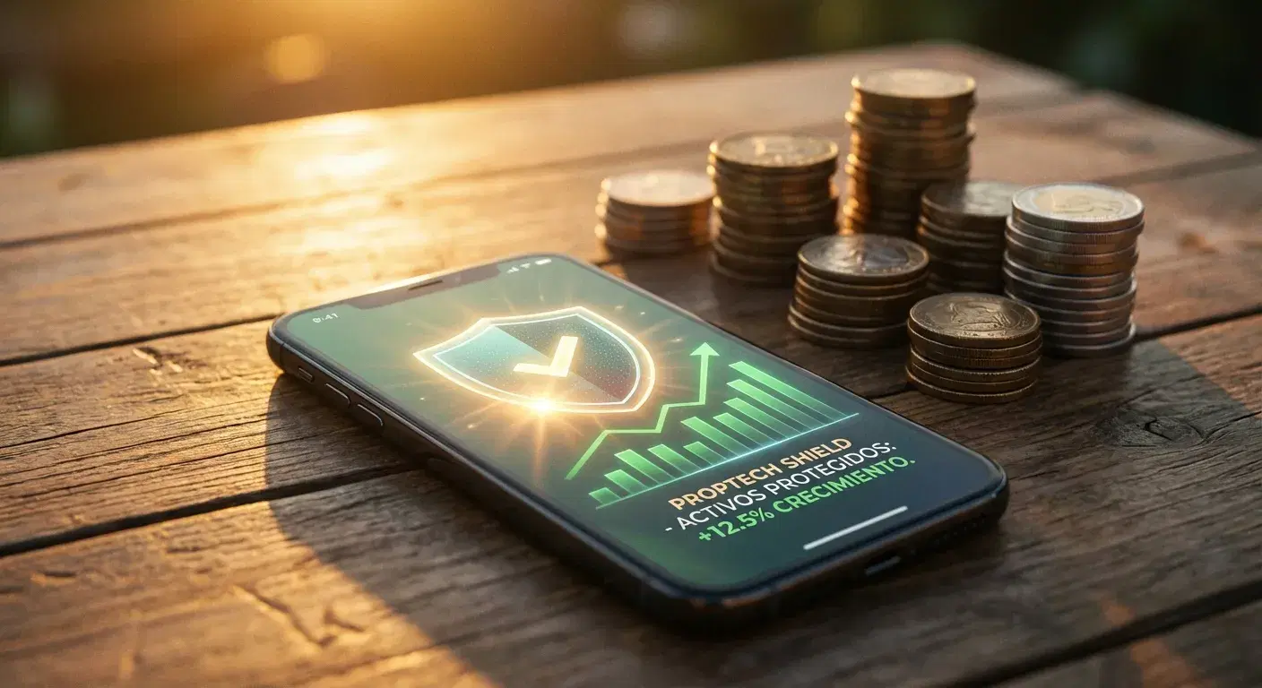 Celular moderno mostrando escudo digital brillante con monedas al fondo