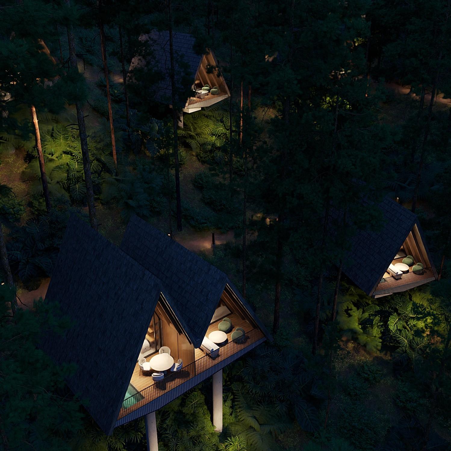 Render de cabaña Nido de noche