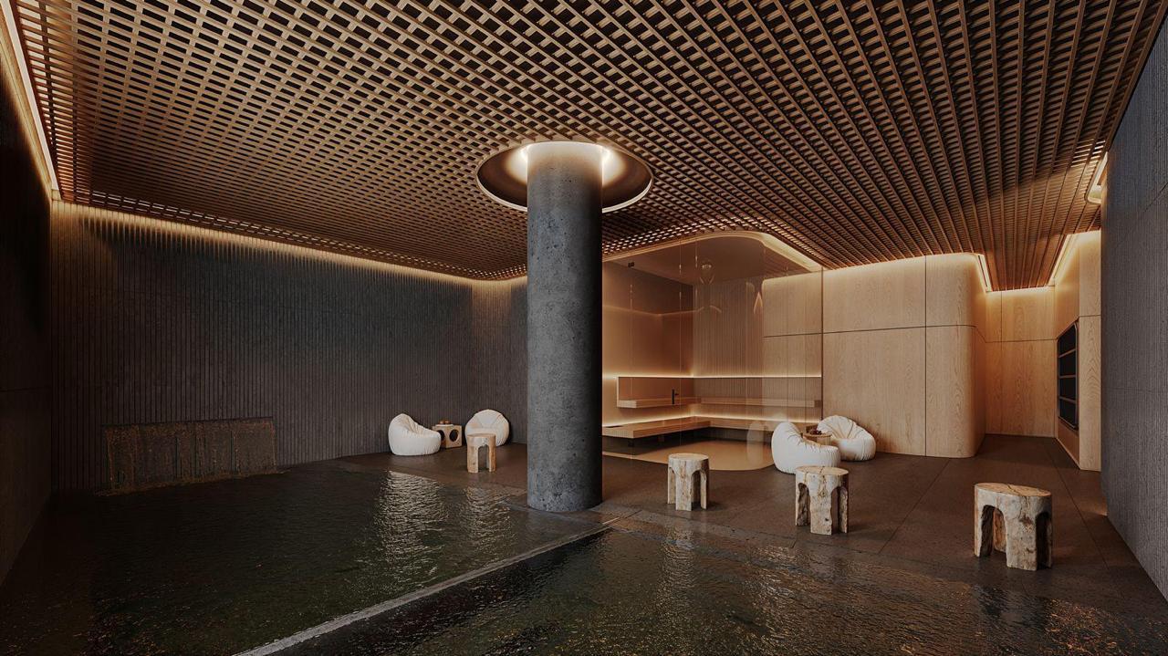 Render del spa Bongo, con la piscina de inmersión bajo el techo de celosía