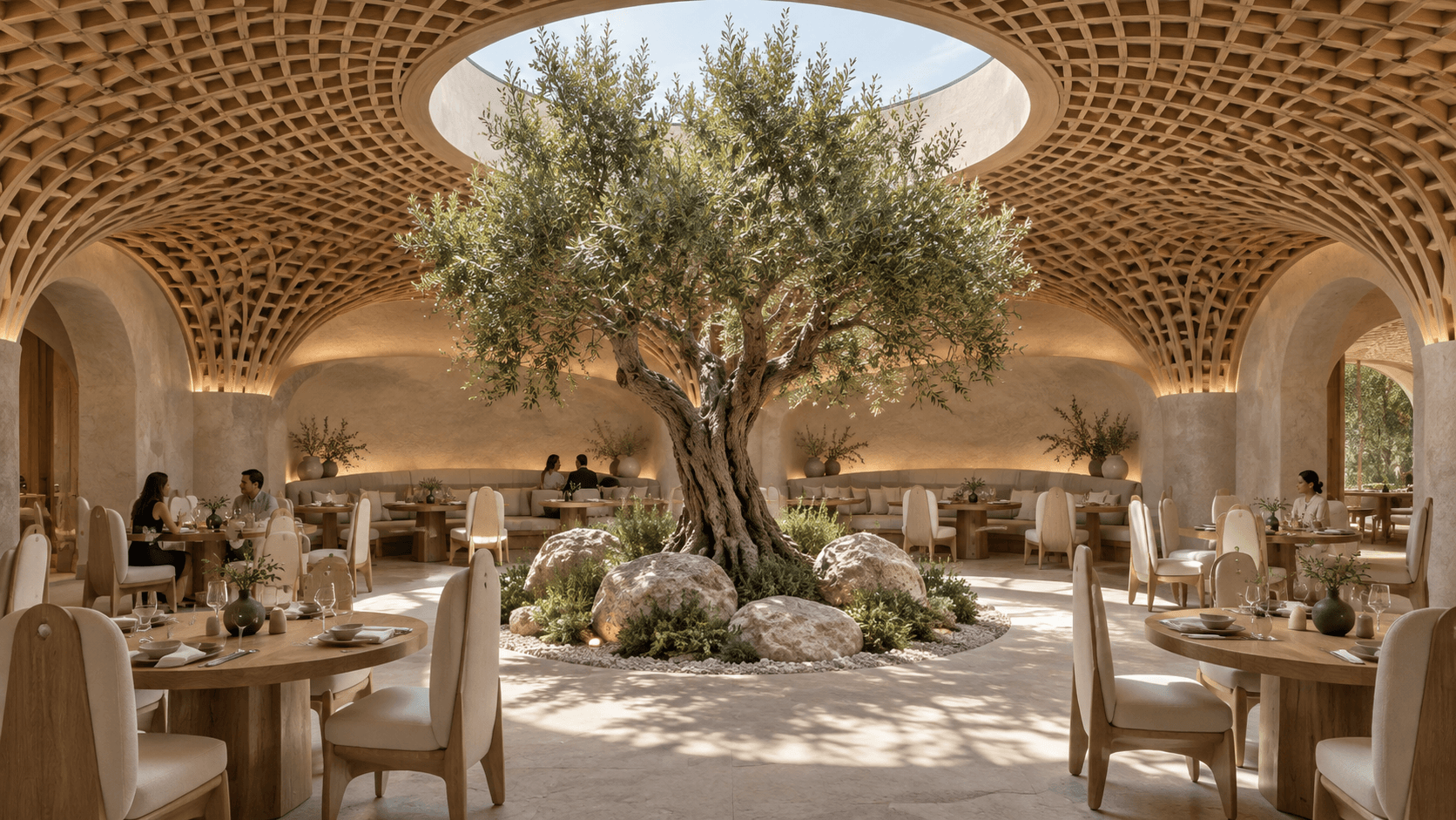 Render del restaurante Tambo, con el olivo bajo el lucernario