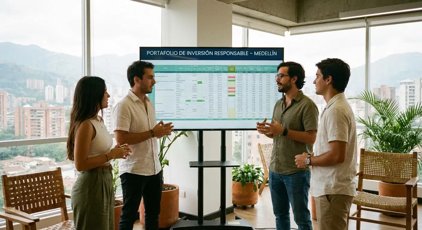Arquitectos jóvenes y profesionales conversando frente a un portafolio de inversión