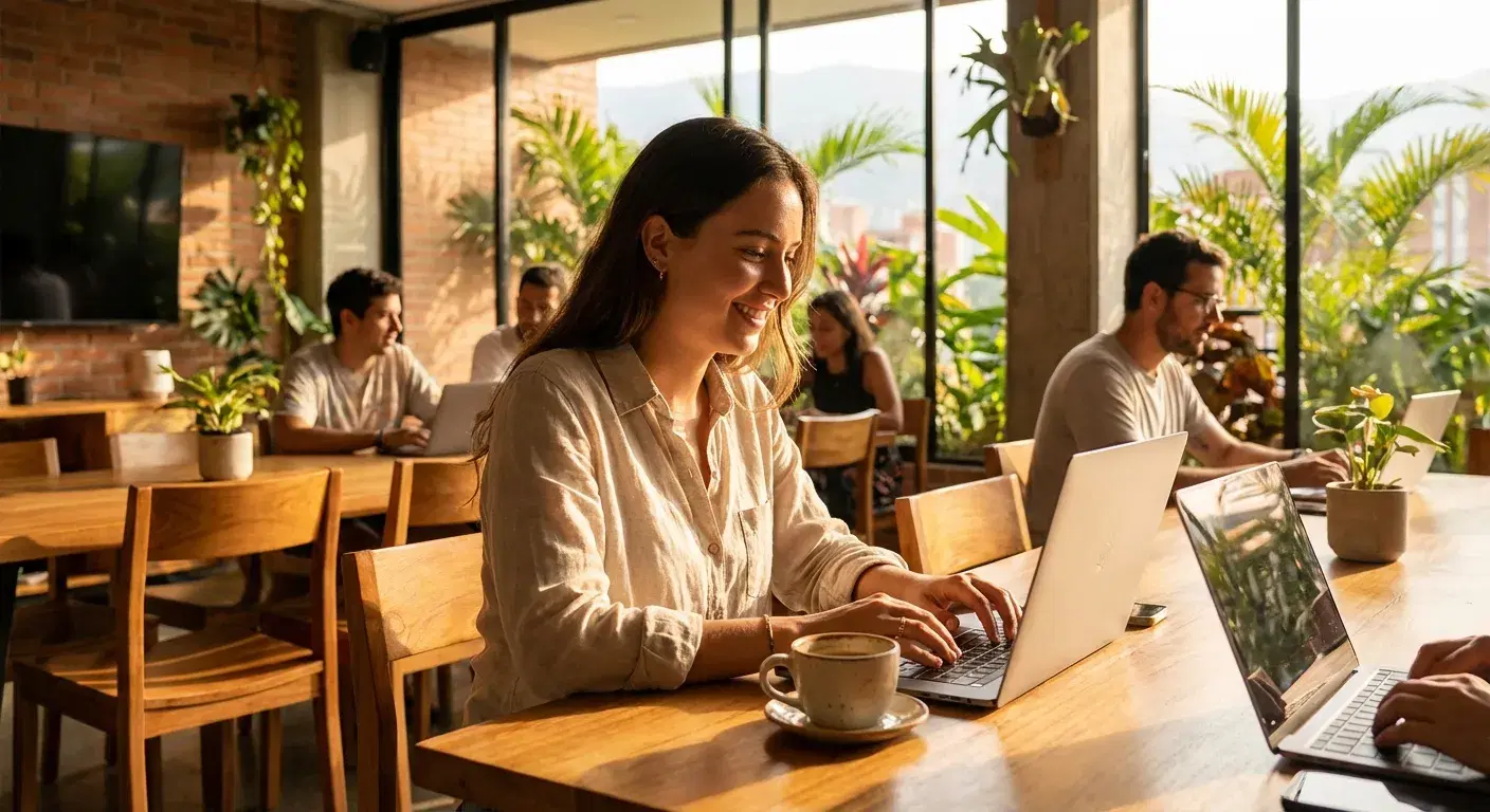 Joven profesional trabajando en espacio de coliving en Medellín