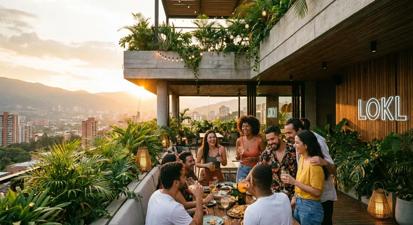 Comunidad en terraza de Medellín al atardecer