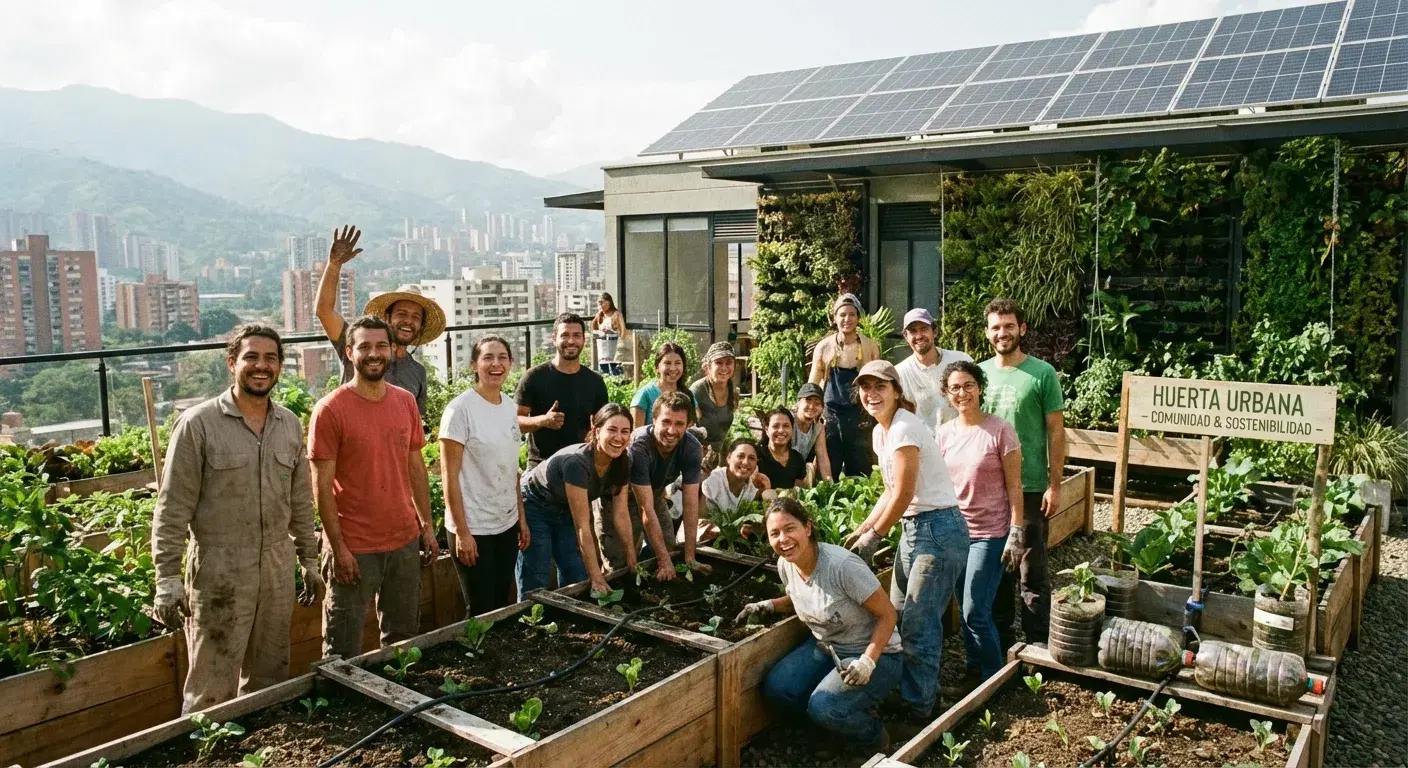 Personas sembrando plantas en huerta urbana de edificio en Colombia