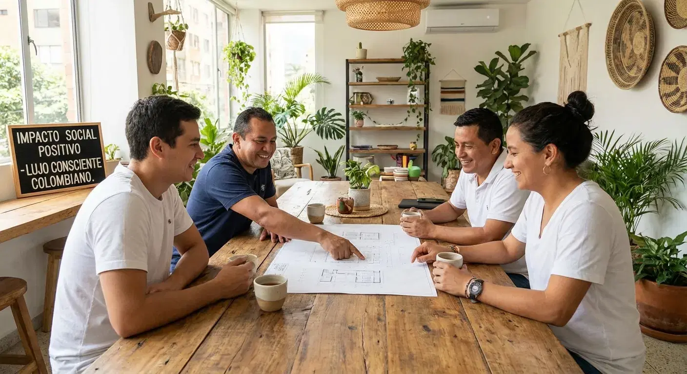 Líderes comunitarios y desarrolladores revisando planos