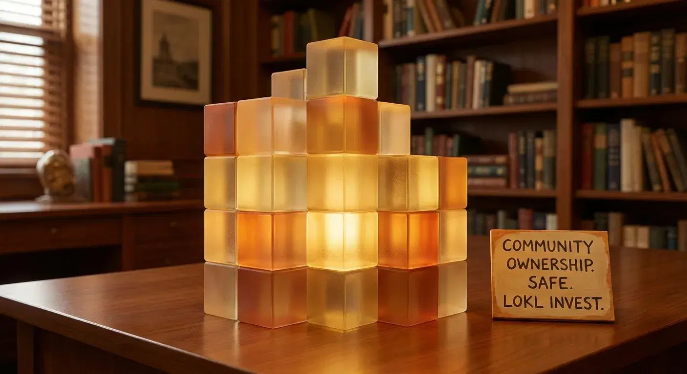 Cubos dorados formando un edificio, abstracción de tokenización