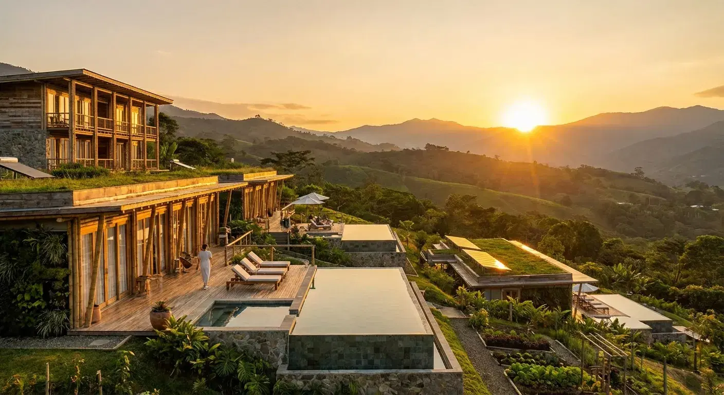 Hotel boutique sostenible moderno en las montañas verdes de Antioquia al atardecer