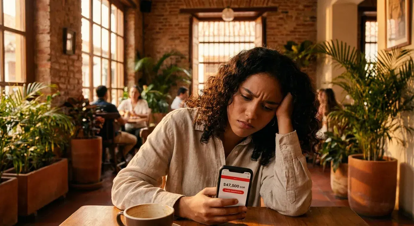 Joven profesional frustrado mirando el saldo de su banco en el celular
