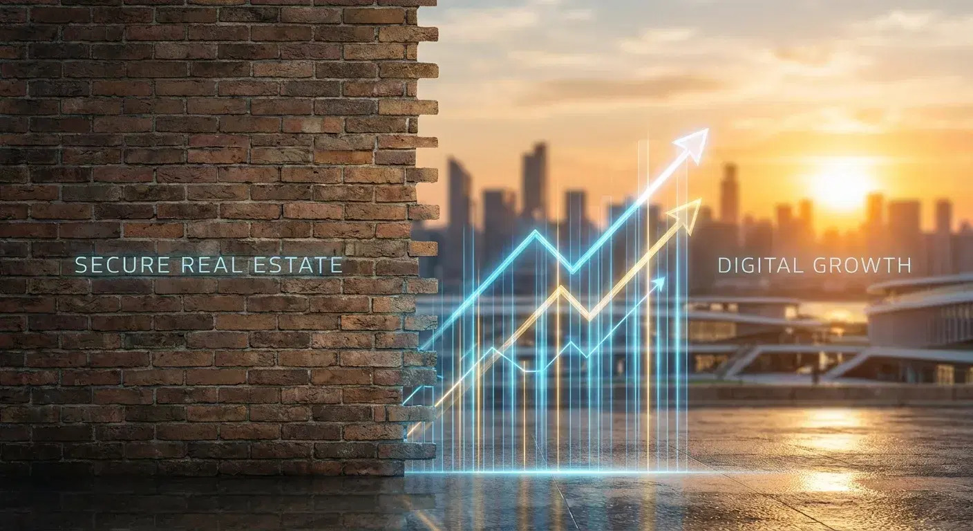 Muro de ladrillos sólido fusionándose con un gráfico digital en crecimiento
