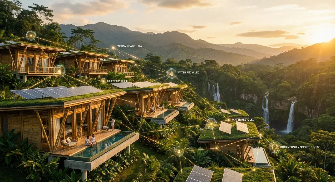 Proyecto inmobiliario sostenible superpuesto con nodos de datos digitales en Colombia