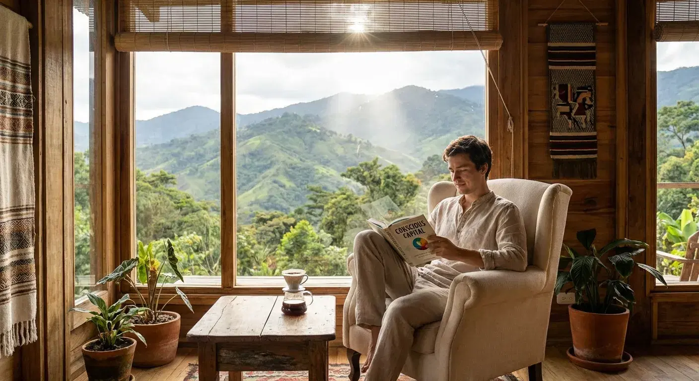 Inversionista joven relajado leyendo junto a la ventana de un eco hotel de lujo