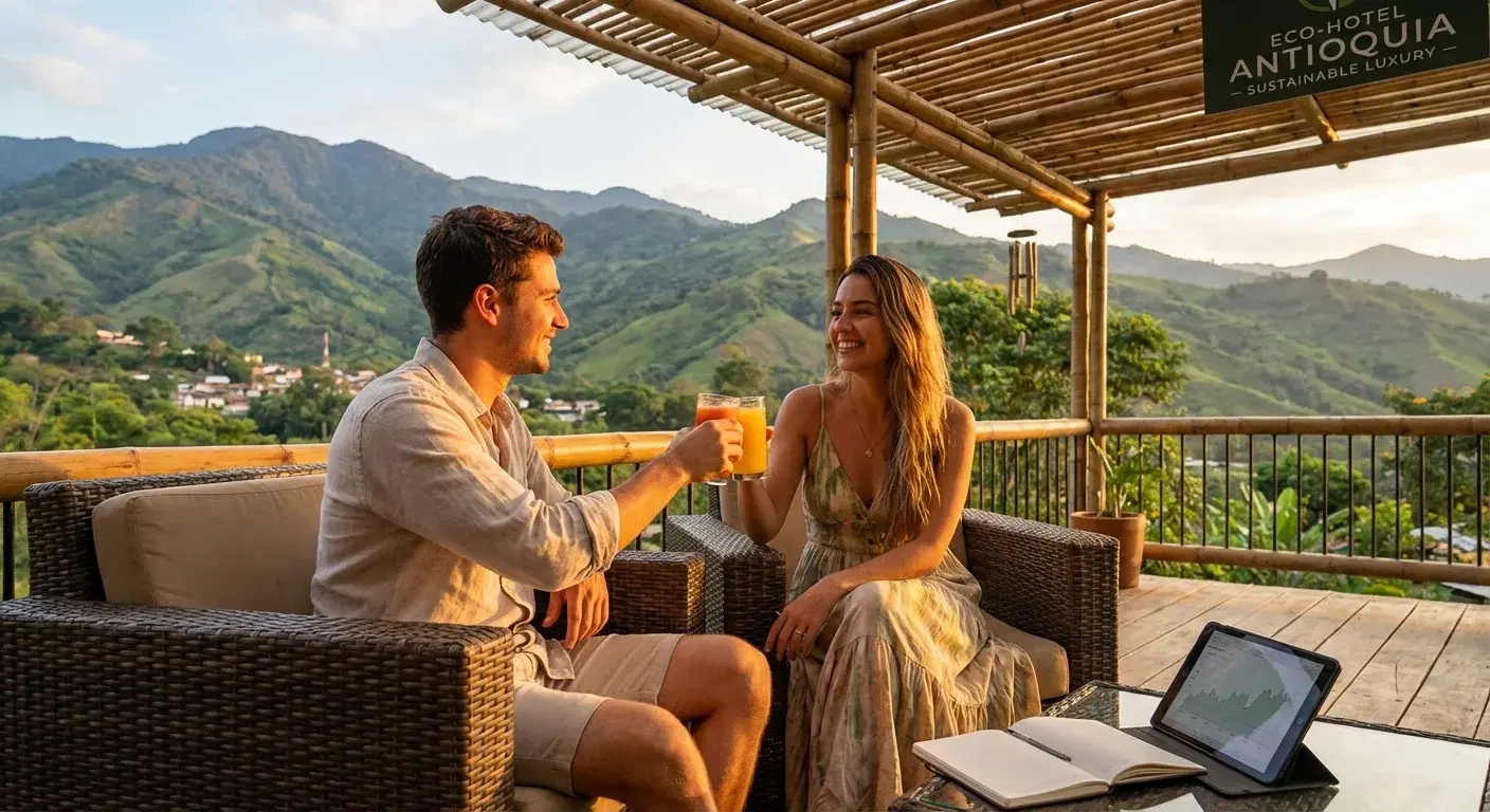 Pareja joven y feliz sonriendo en la terraza de un eco hotel de montaña