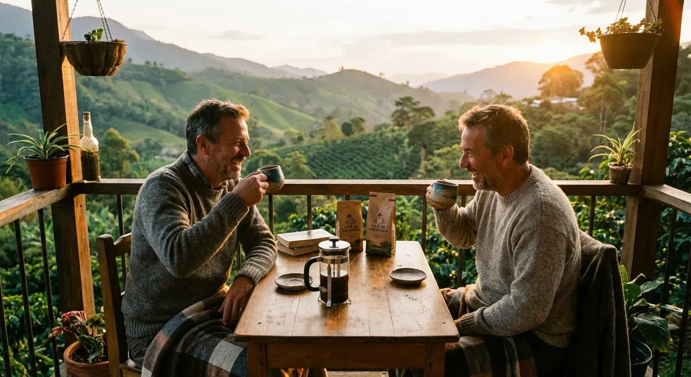 Dos amigos sonriendo y compartiendo café colombiano en un balcón de madera con vista