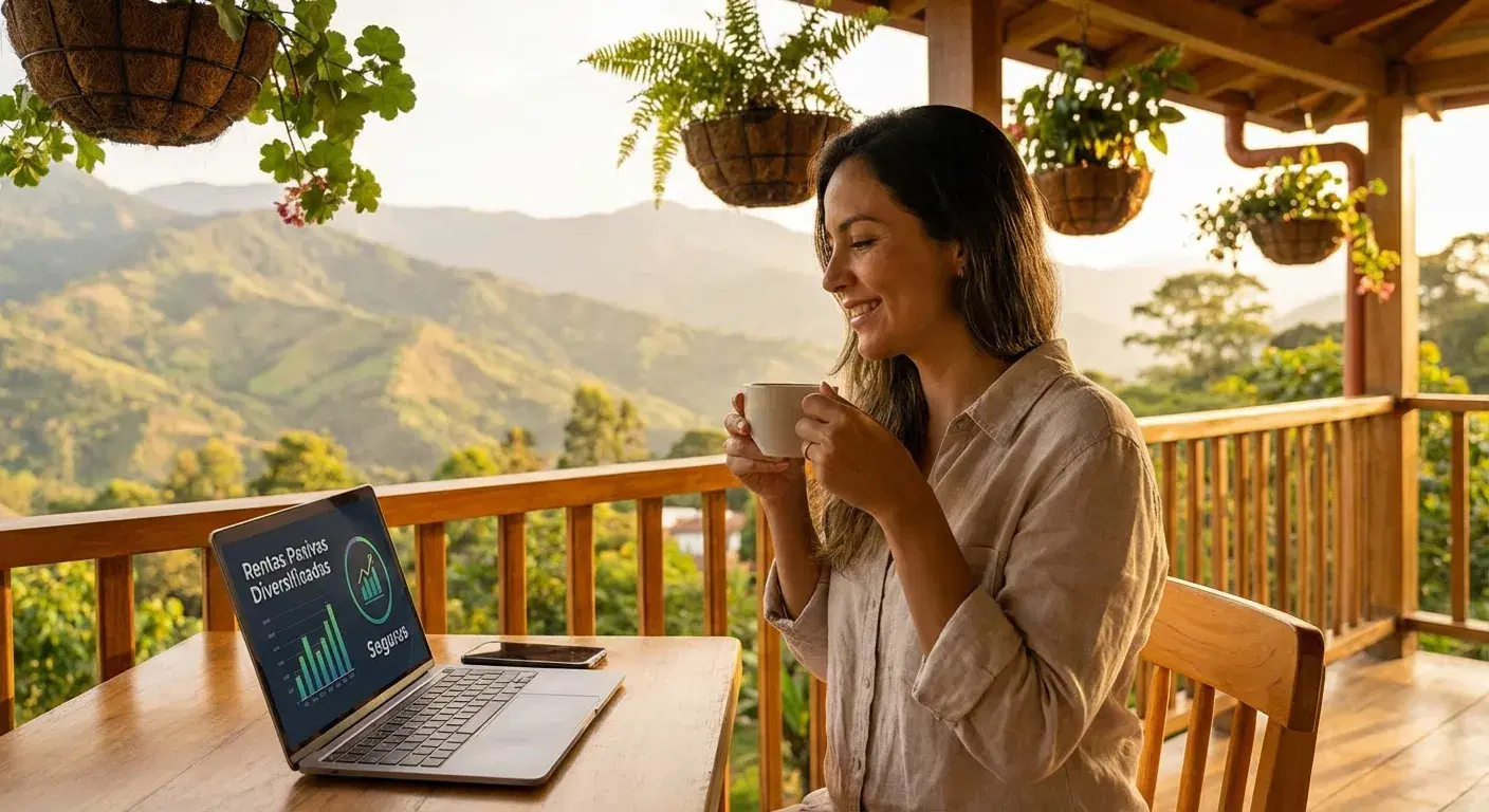 Mujer joven leyendo tranquilamente en un balcón rodeada de montañas y naturaleza