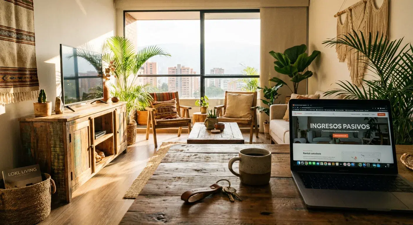 Interior acogedor de un apartamento tipo Airbnb con taza de café