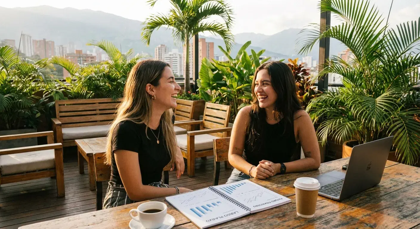 Dos amigas planificando finanzas al atardecer