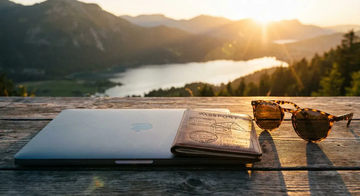 Computadora cerrada, pasaporte y gafas en una mesa con montañas de fondo