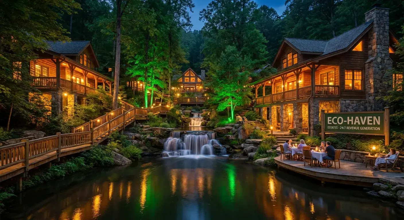 Hermoso complejo ecoturístico iluminado de noche, un claro activo que genera rentas operativas