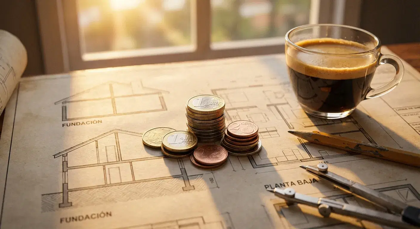 Monedas apiladas ordenadamente sobre un plano arquitectónico, junto a un café espresso