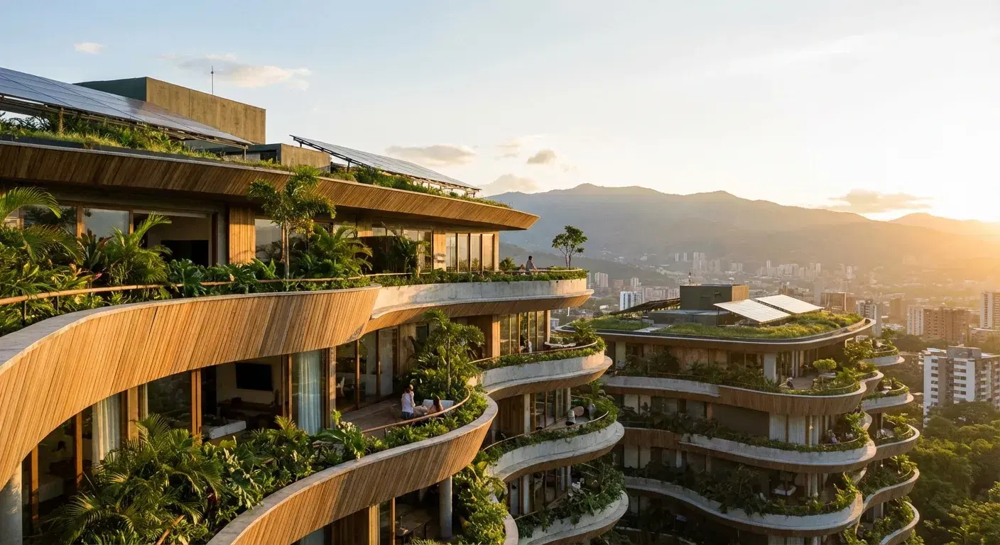 Edificio residencial moderno en Medellín atardecer