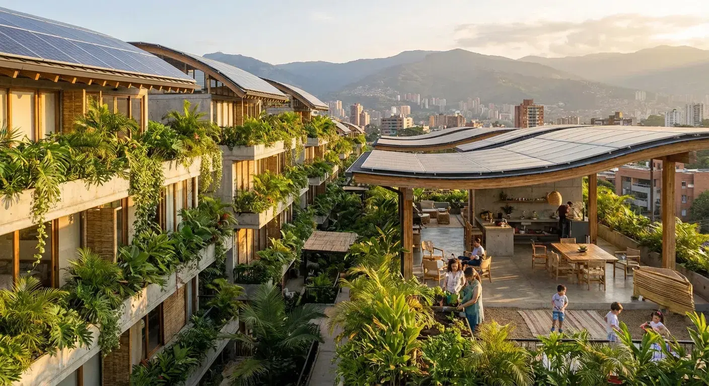 Edificio residencial sostenible en Medellín con paneles solares