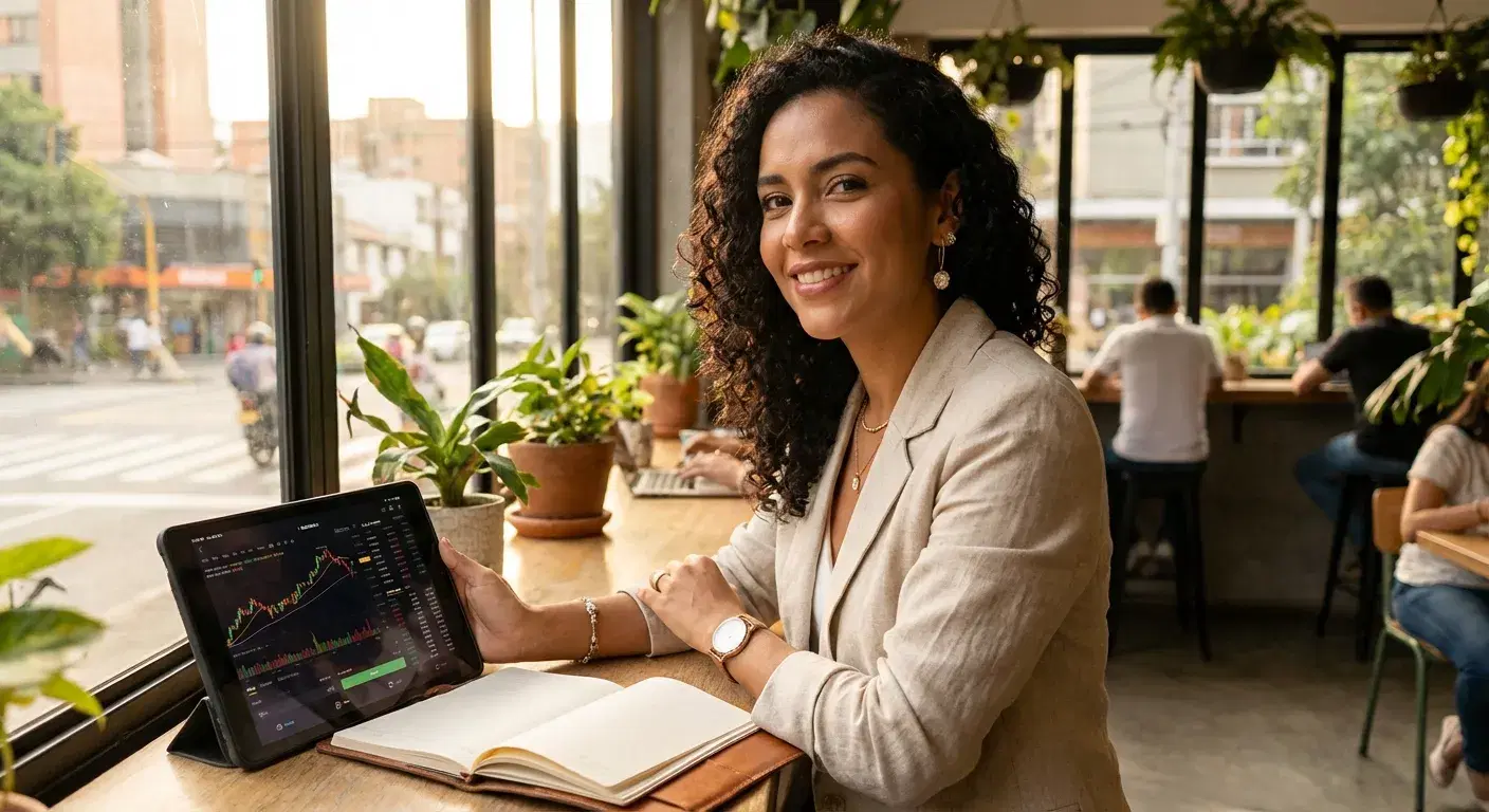 Freelancer exitoso analizando datos en una tablet en un café iluminado por el sol en Medellín