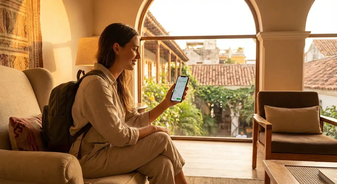 Viajero joven sonriendo en un eco-resort revisando inversiones