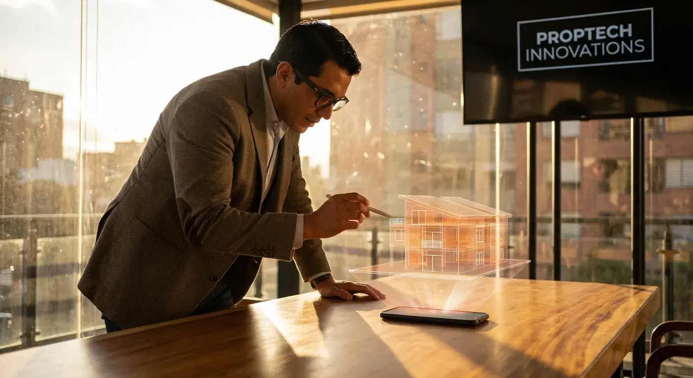 Holograma arquitectónico saliendo de un celular en un café en Colombia