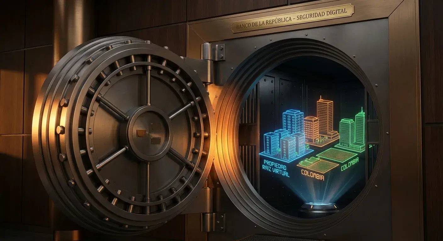 Bóveda de banco pesada resguardando activos digitales inmobiliarios en Colombia