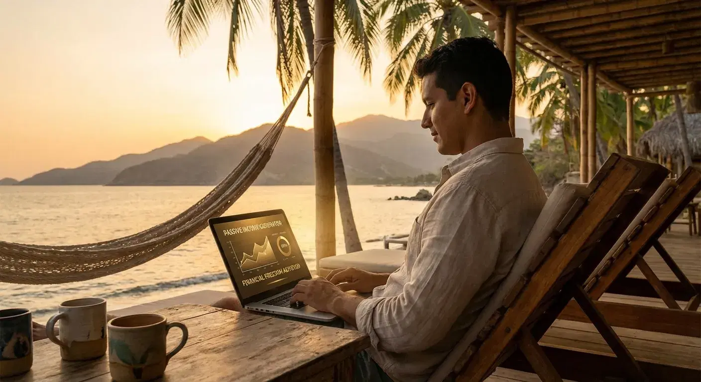 Nómada digital en un eco-resort en Santa Marta revisando un dashboard de ingresos pasivos