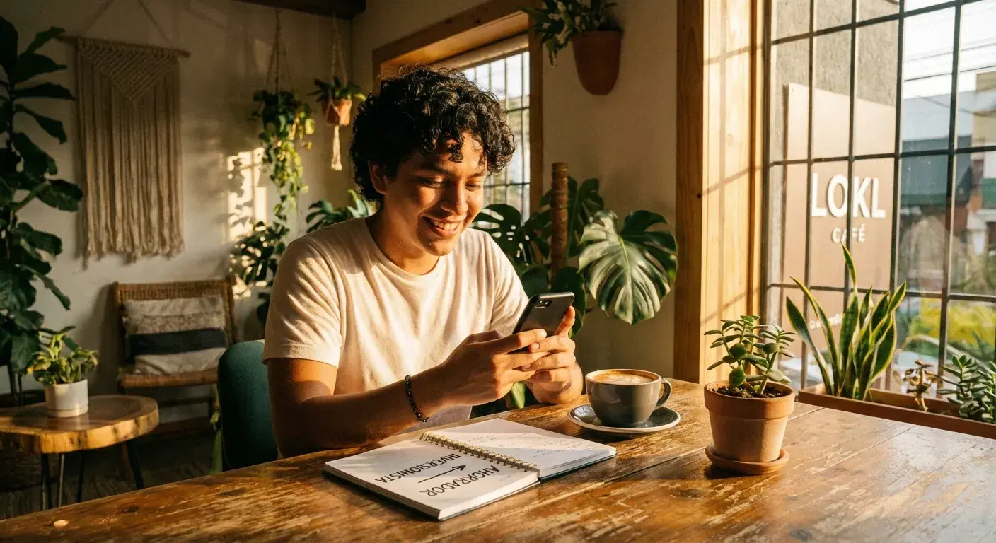 Persona joven tomando café y sonriendo al ver el rendimiento de su primera inversión fraccionada en el celular