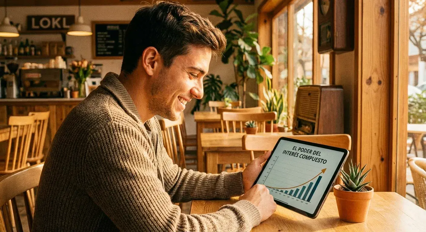 Joven sonriendo analizando el poder del interés compuesto en una tablet